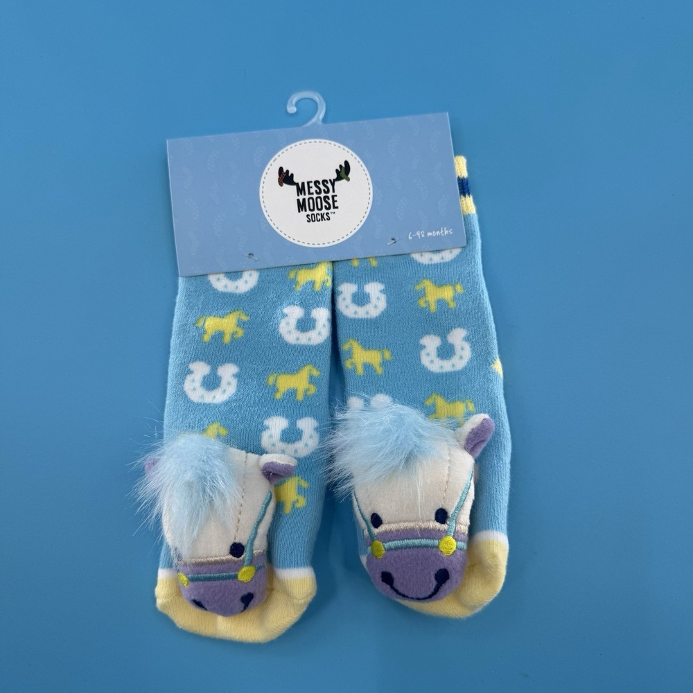 Messy Moose Baby Socks Plush Horse Horseshoe Print Blue 6–48 Months New